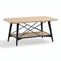 Wooden coffee table with metal frame and woven shelf 120 x 60 x 45cm