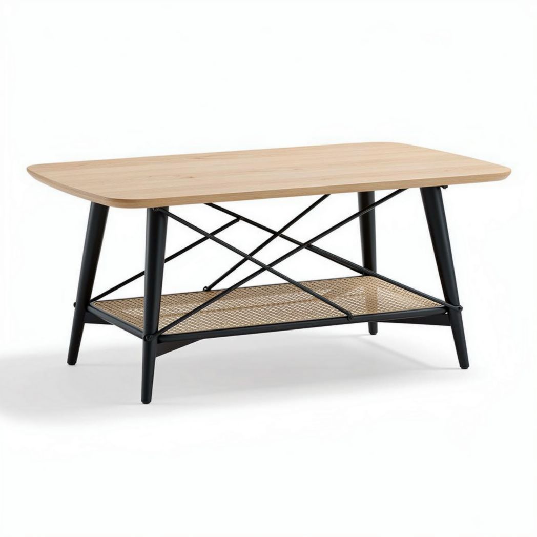 Wooden coffee table with metal frame and woven shelf 120 x 60 x 45cm