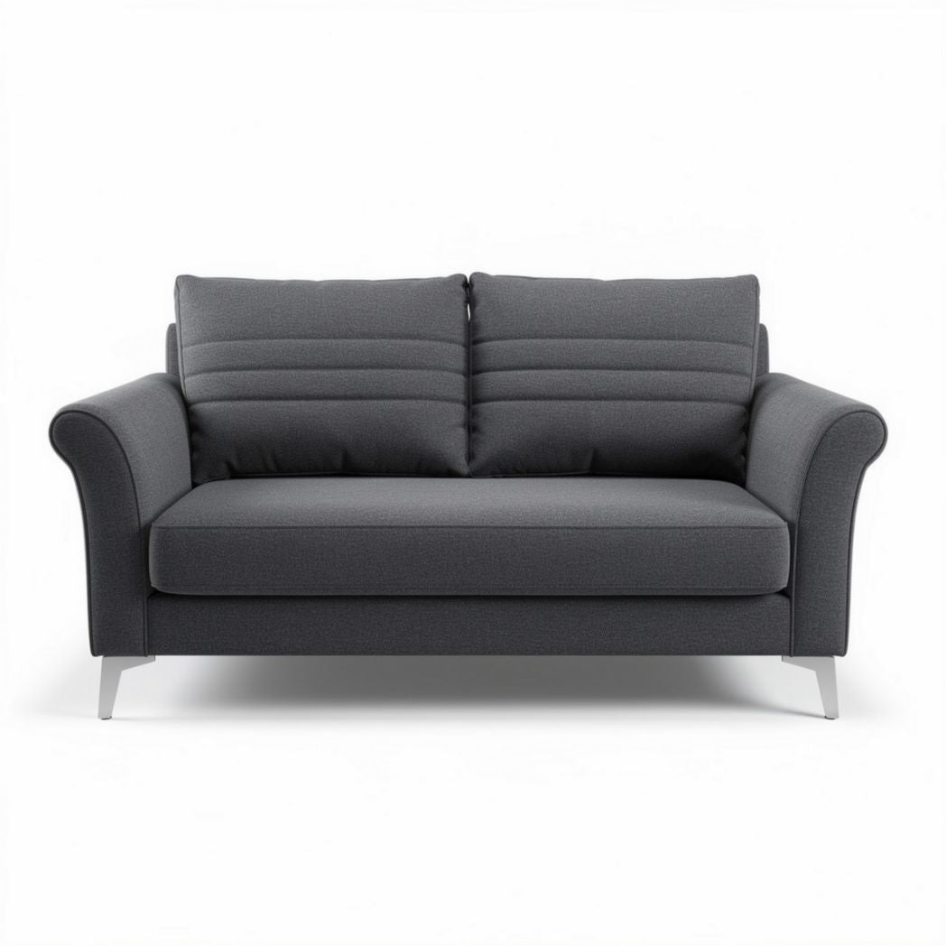 Two-seater sofa in grey fabric with modern design and chrome legs 150 x 80 x 70cm