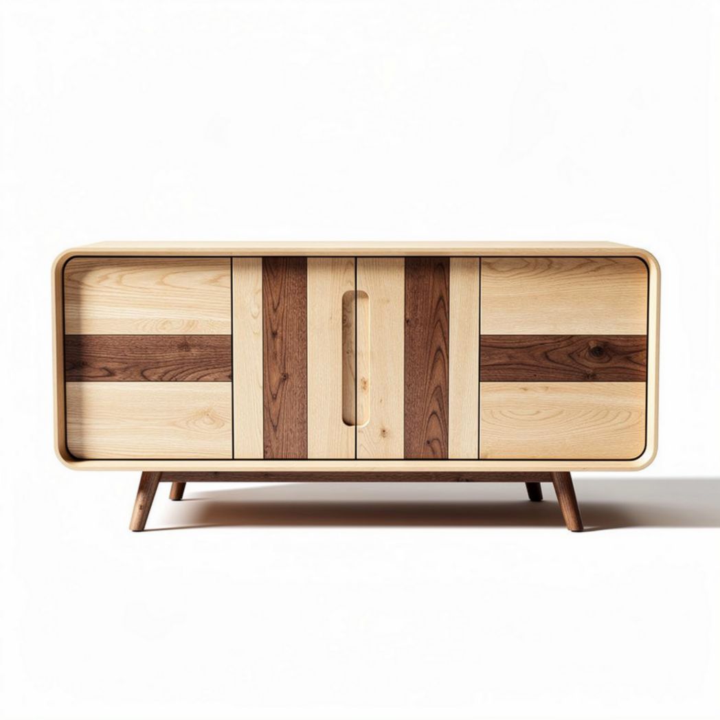 Wooden TV stand with sliding doors in natural finish 120 x 45 x 60cm