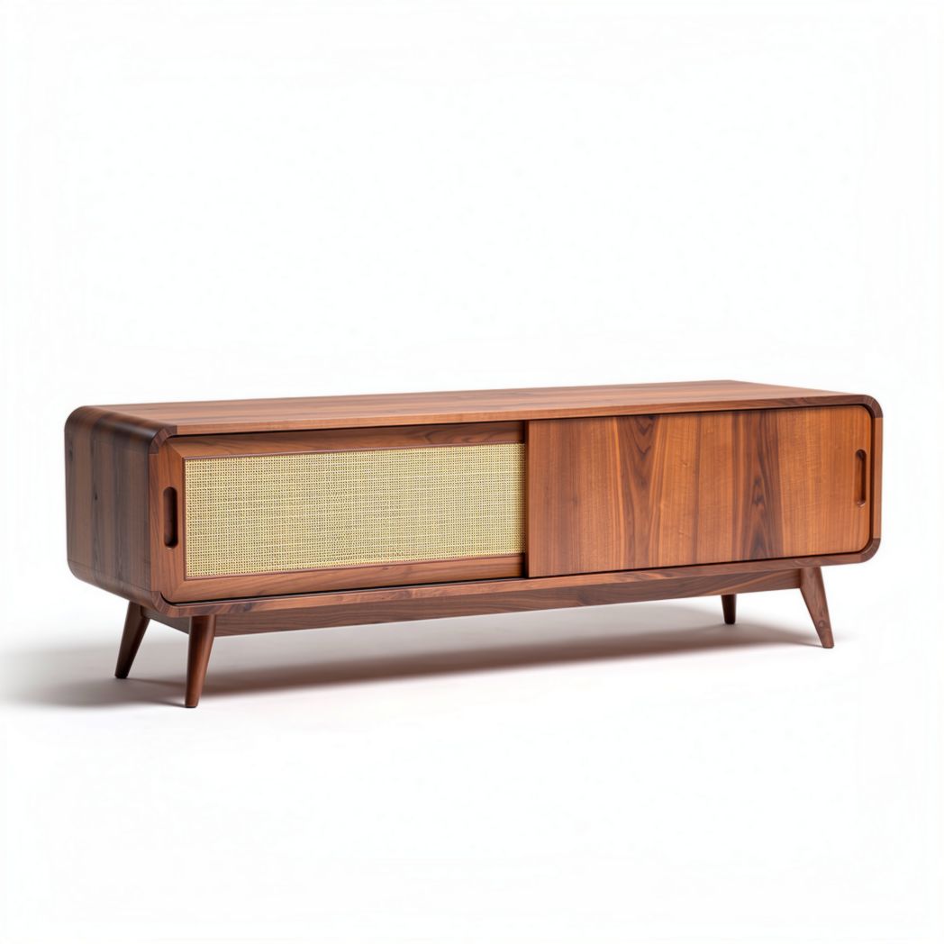 Mid-century modern wooden storage cabinet with sliding doors 120 x 40 x 45cm