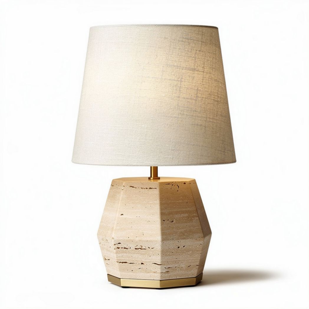 Hexagonal stone table lamp with fabric shade and gold accent 30 x 30 x 50cm