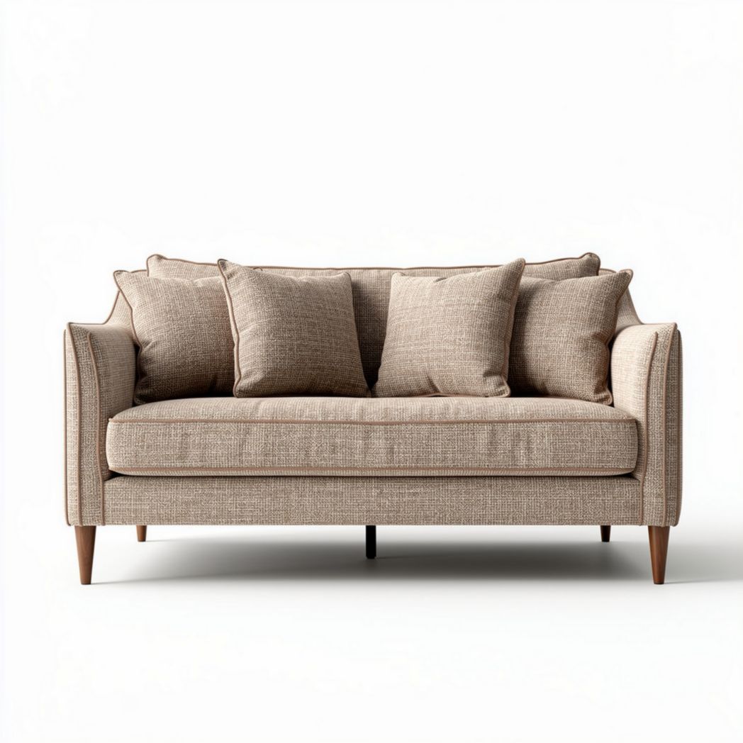 Two-seater sofa in light brown fabric with four decorative pillows 180 x 90 x 80cm