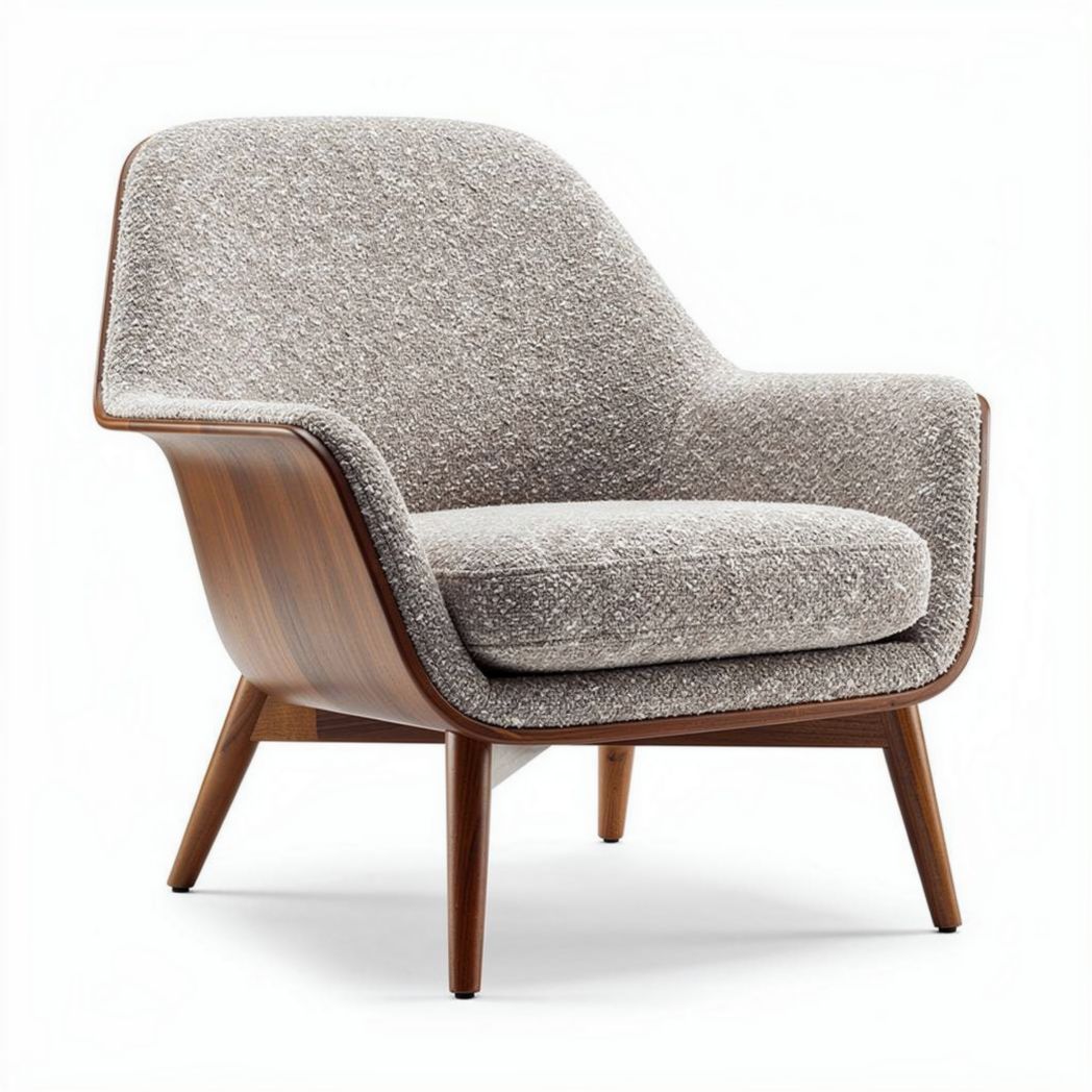 Mid-century modern armchair in gray upholstery and walnut frame 80 x 70 x 85cm