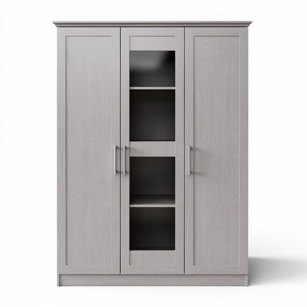 Gray wooden storage cabinet with four shelves and double doors 90 x 40 x 180cm