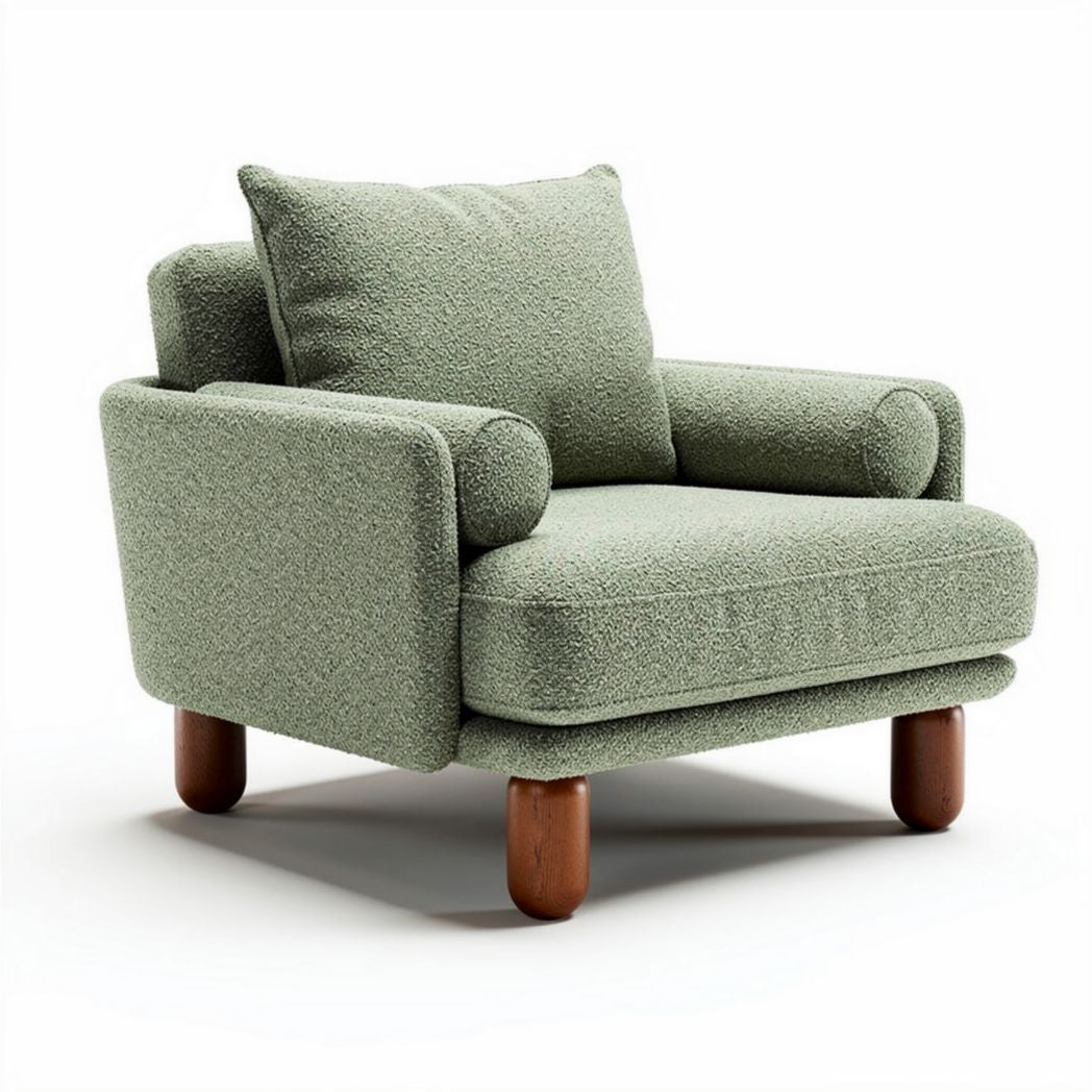 Textured green fabric armchair with natural wood legs 80 x 80 x 80cm