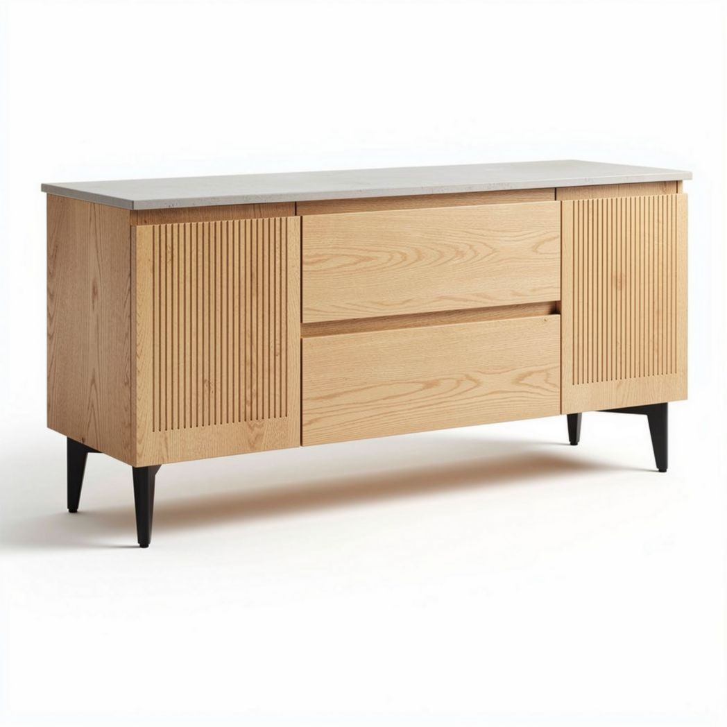 Wooden sideboard with textured doors and two spacious drawers 150 x 45 x 75cm